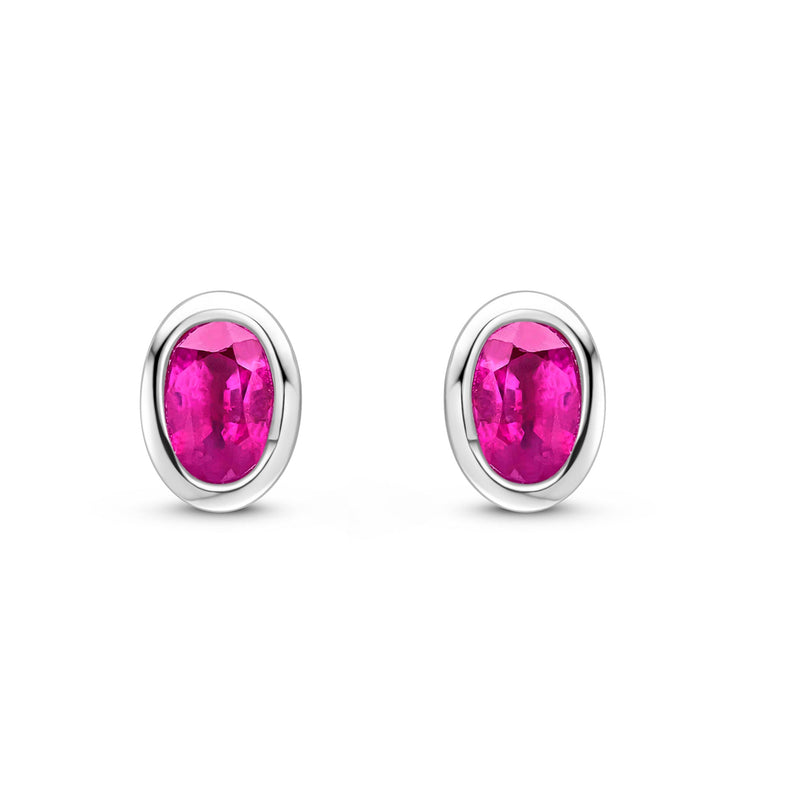 9ct White Gold Oval Natural Ruby Rubover Stud Earrings — 4x3mm