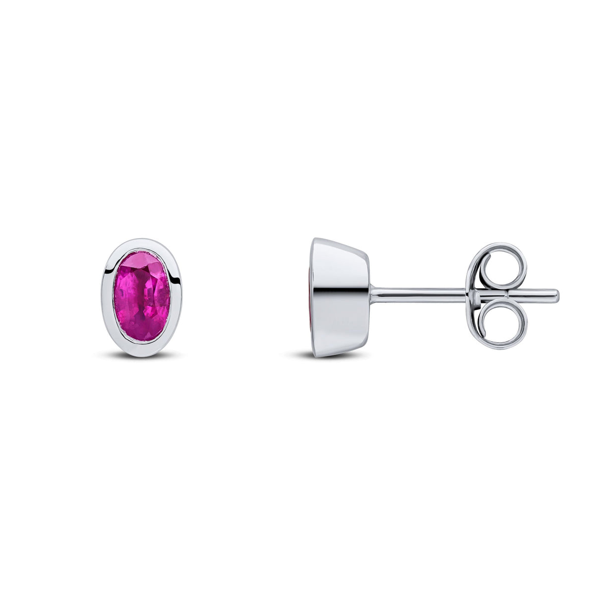 9ct White Gold Oval Natural Ruby Rubover Stud Earrings — 5x3mm