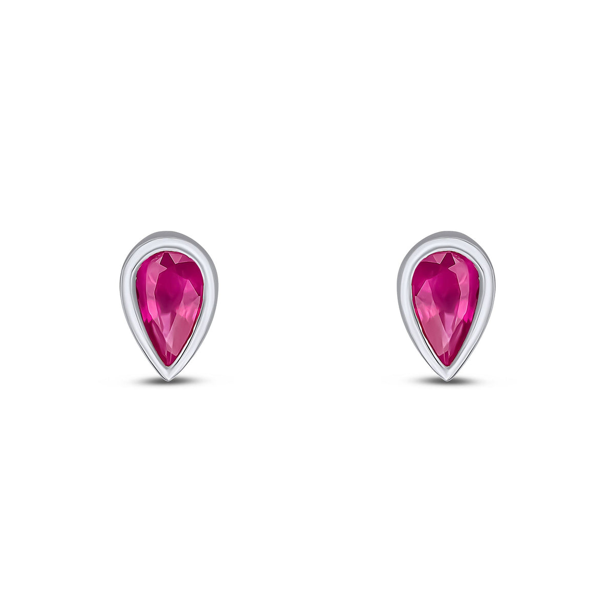 9ct White Gold Pear Shaped Natural Ruby Rubover Stud Earrings — 5x3mm