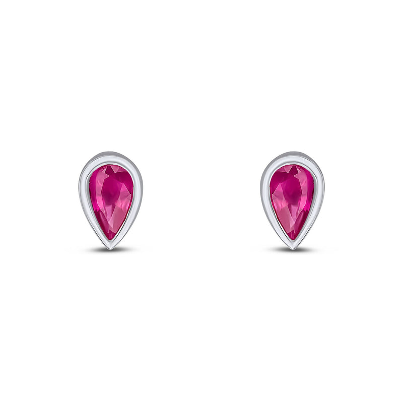 9ct White Gold Pear Shaped Natural Ruby Rubover Stud Earrings — 5x3mm