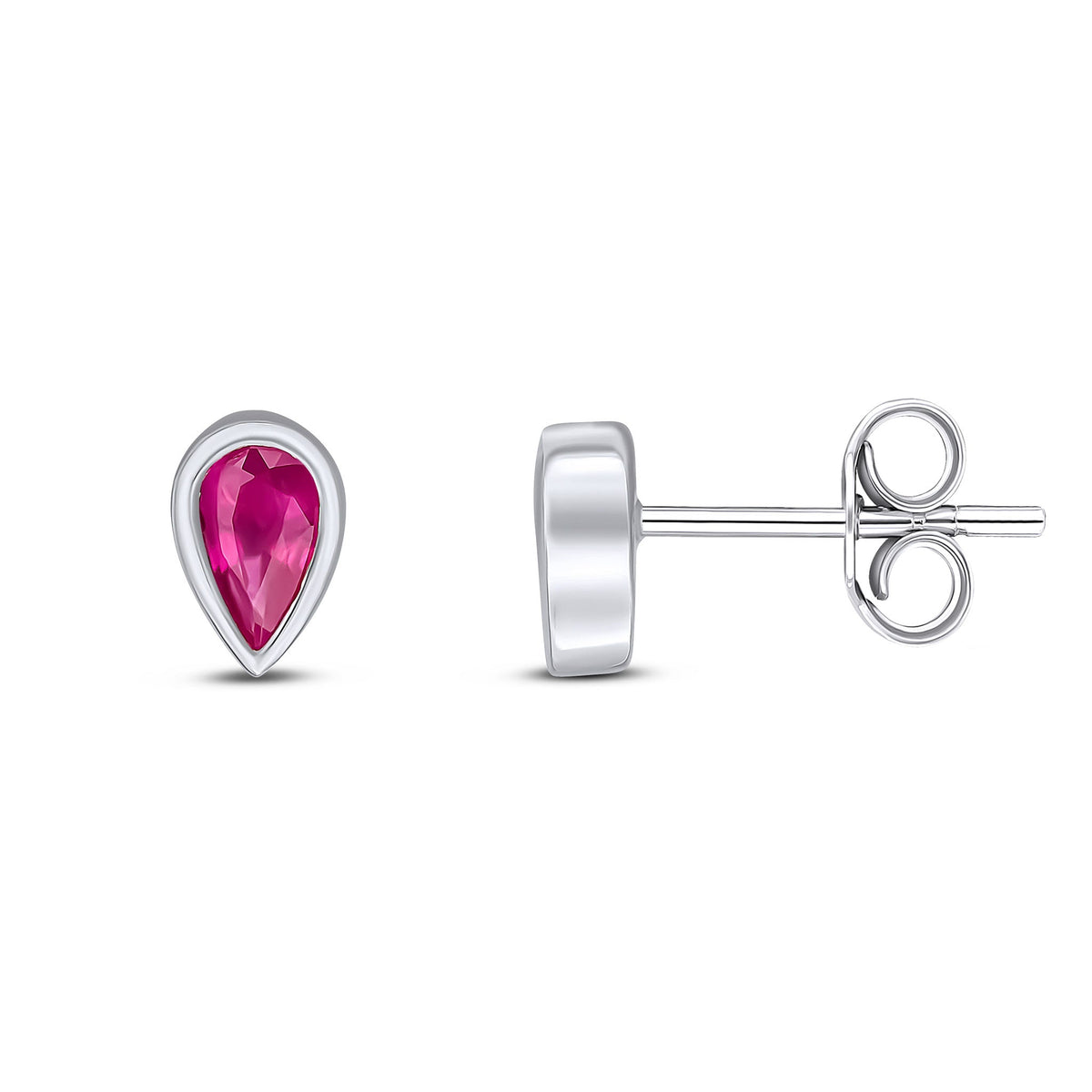 9ct White Gold Pear Shaped Natural Ruby Rubover Stud Earrings — 5x3mm