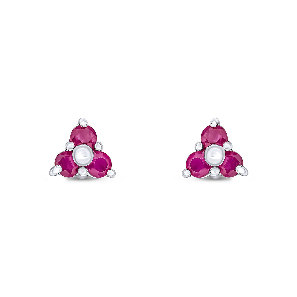 9ct White Gold Round Natural Ruby Trefoil Claw Stud Earrings