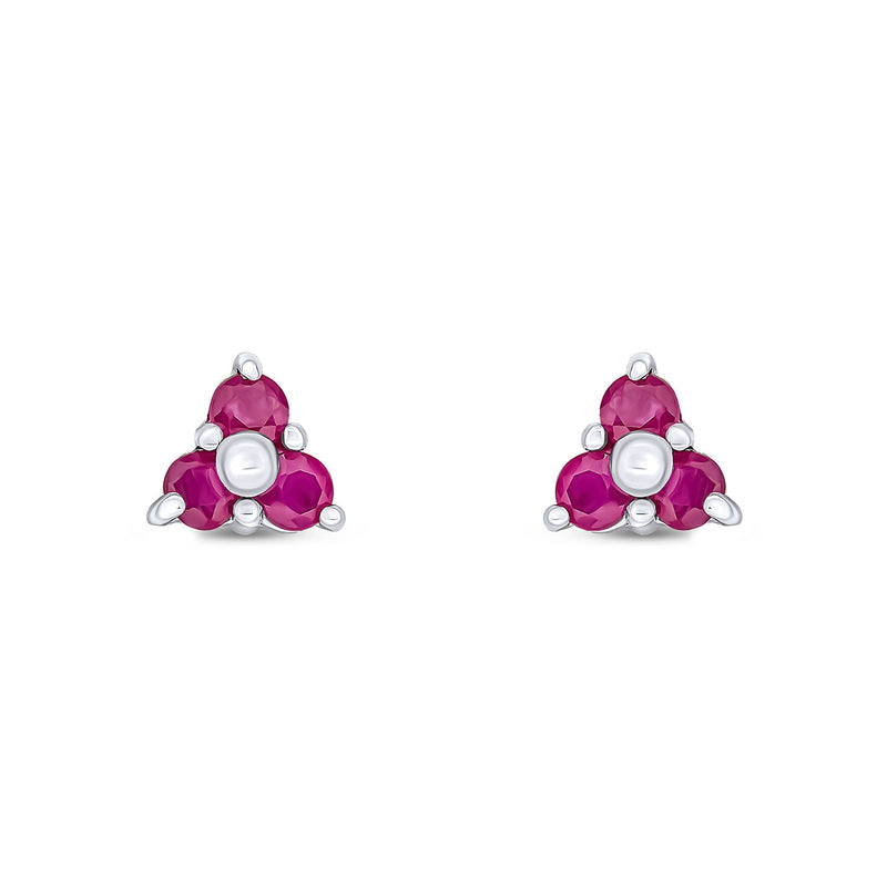 9ct White Gold Round Natural Ruby Trefoil Claw Stud Earrings
