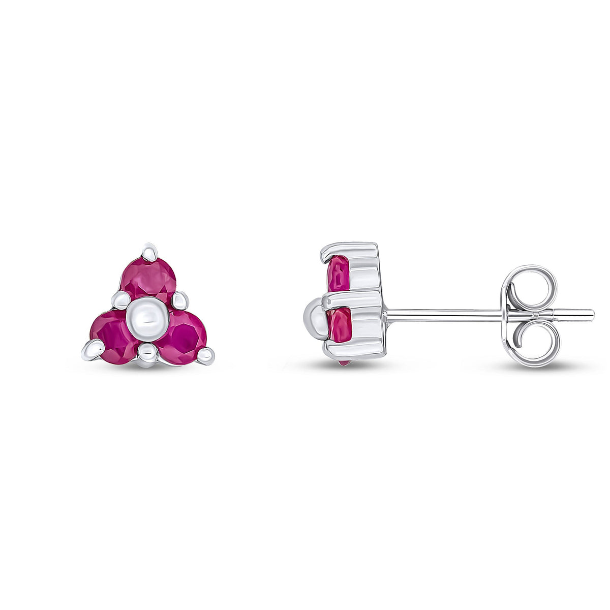 9ct White Gold Round Natural Ruby Trefoil Claw Stud Earrings