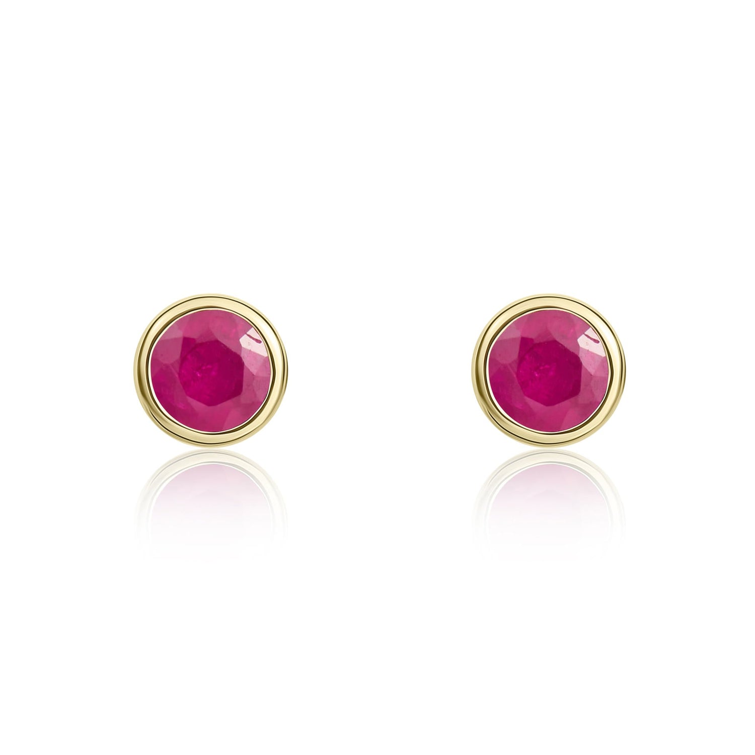 9ct Yellow Gold Round Natural Ruby Rubover Stud Earrings — 3mm