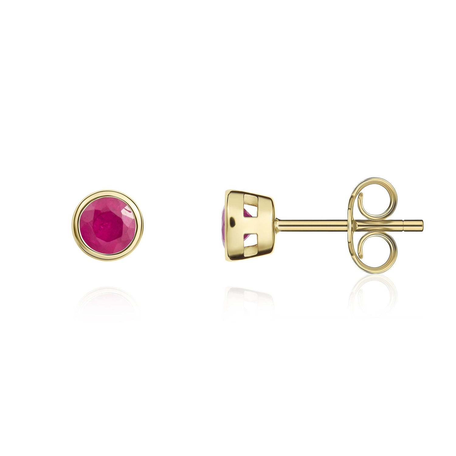 9ct Yellow Gold Round Natural Ruby Rubover Stud Earrings — 3mm