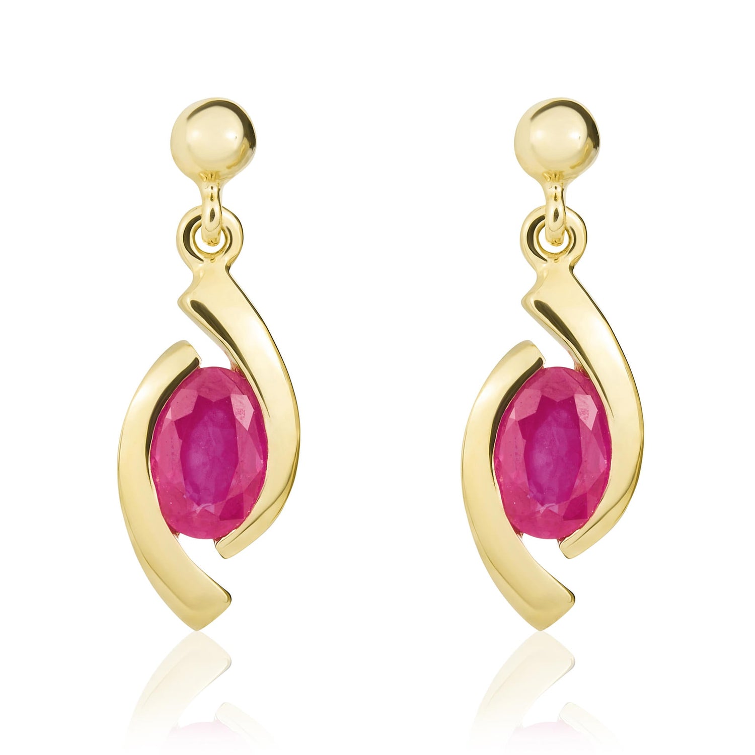 9ct Yellow Gold Oval Natural Ruby 'Eye' Drop Earrings with Bead Top — 6x4mm