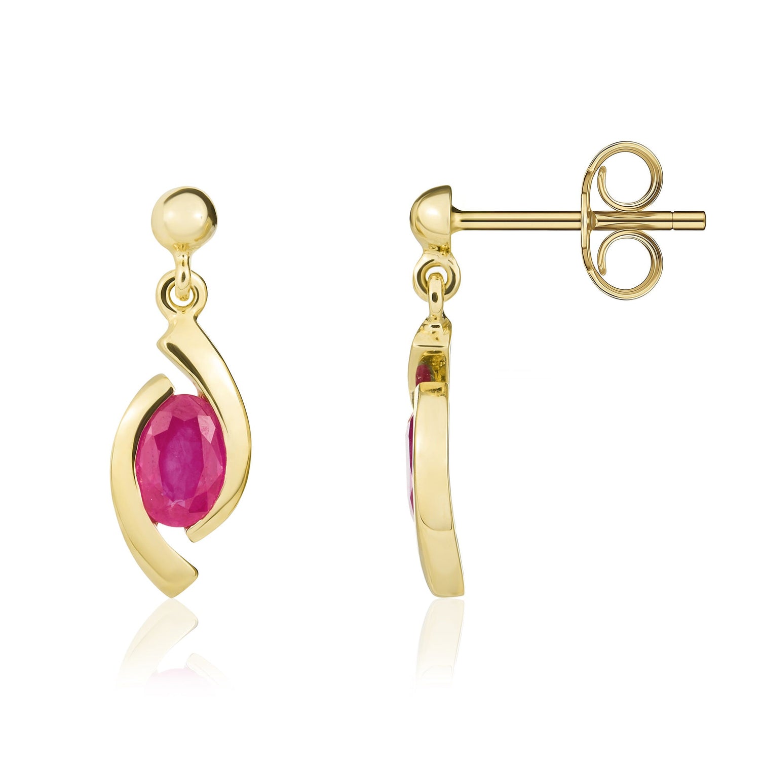 9ct Yellow Gold Oval Natural Ruby 'Eye' Drop Earrings with Bead Top — 6x4mm