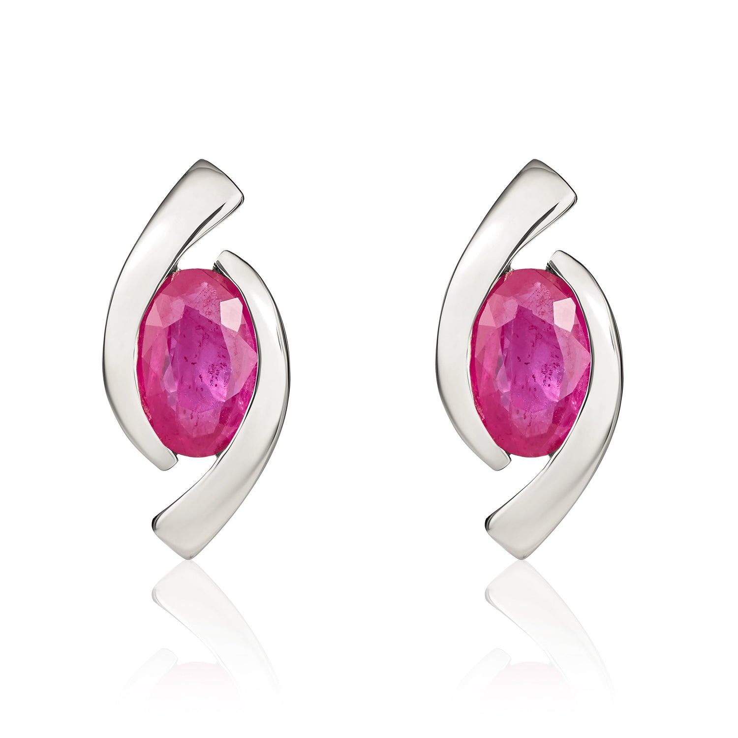9ct White Gold Oval Natural Ruby 'Eye' Stud Earrings — 6x4mm