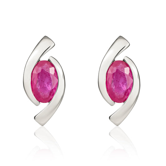 9ct White Gold Oval Natural Ruby 'Eye' Stud Earrings — 6x4mm