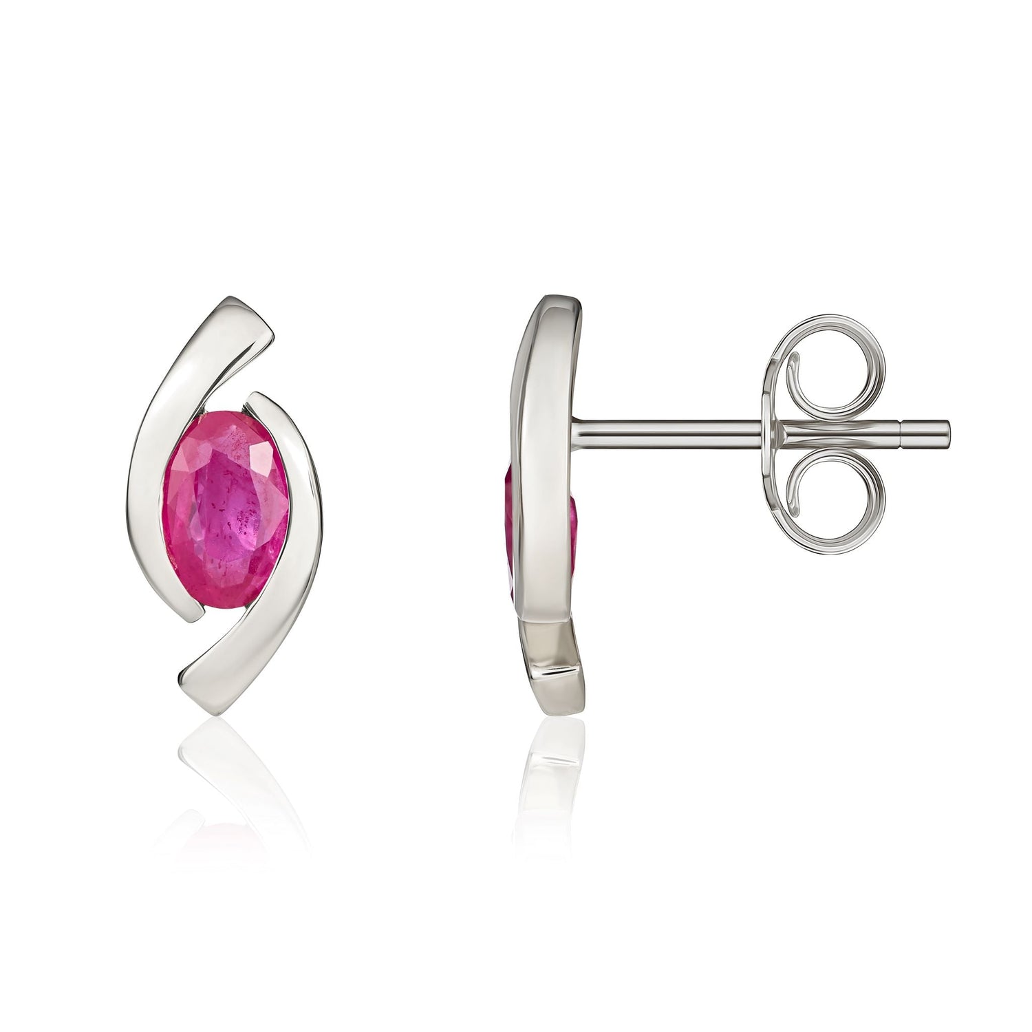 9ct White Gold Oval Natural Ruby 'Eye' Stud Earrings — 6x4mm