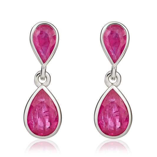 9ct White Gold Pear Shaped Natural Ruby Two Stone Rubover Drop Earrings