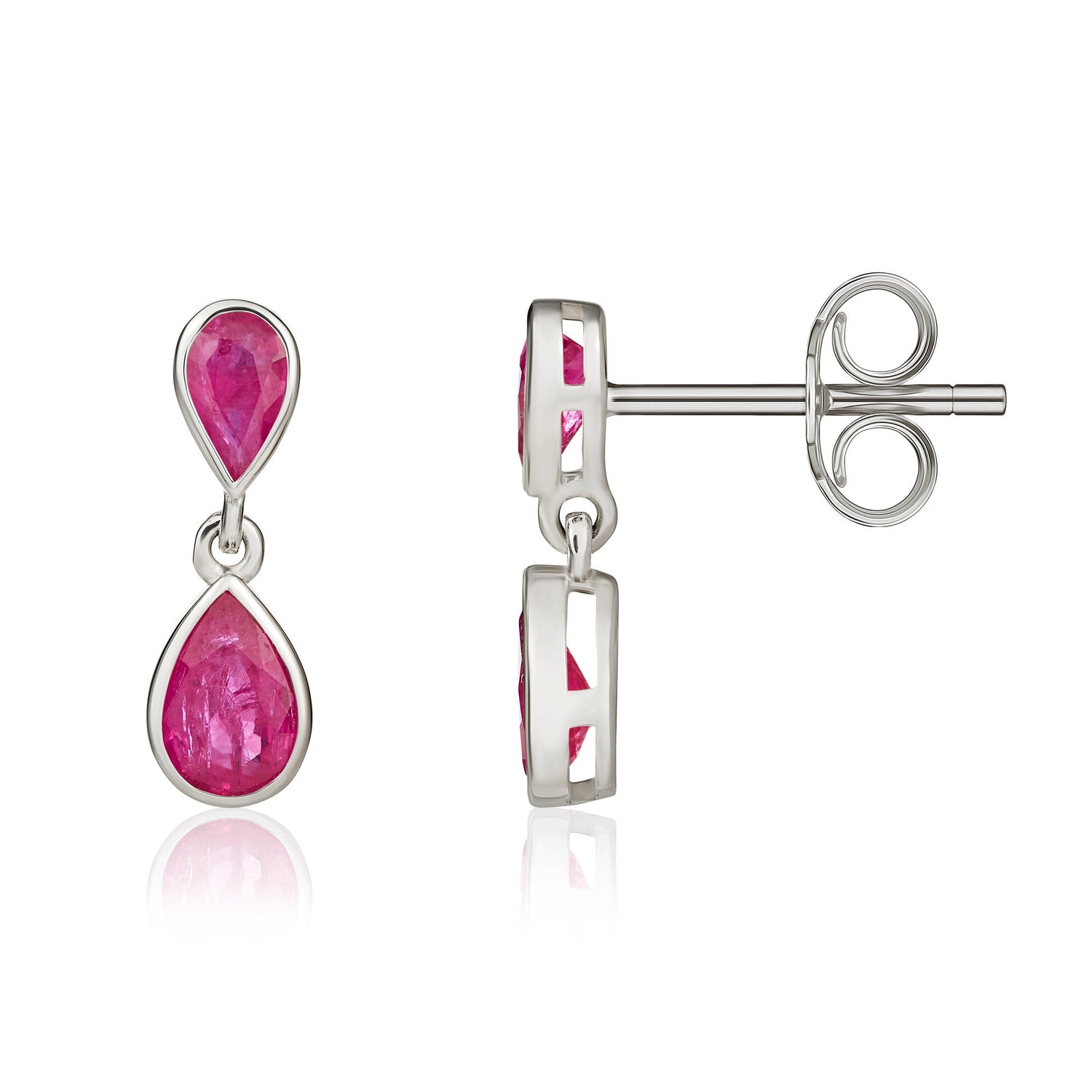 9ct White Gold Pear Shaped Natural Ruby Two Stone Rubover Drop Earrings