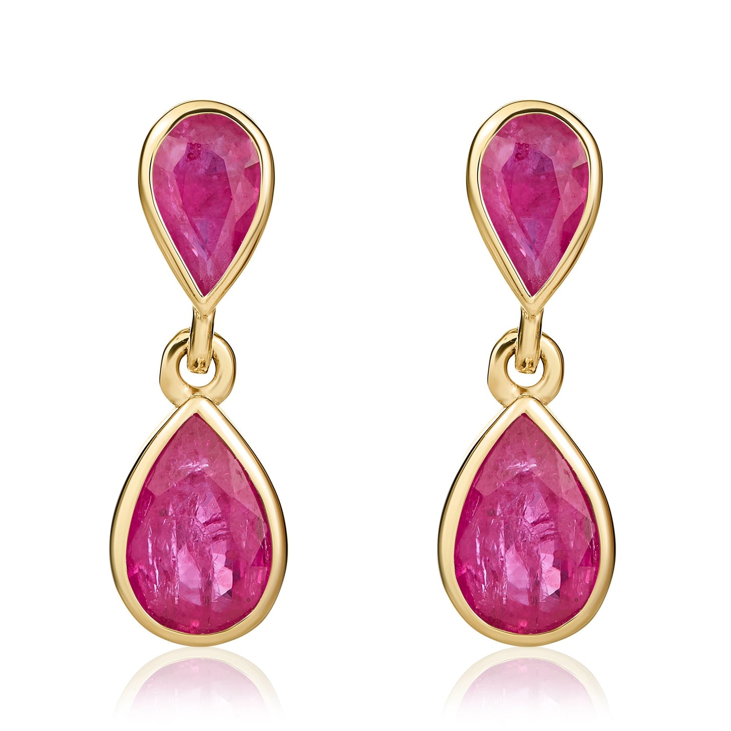 9ct Yellow Gold Pear Shaped Natural Ruby Two Stone Rubover Drop Earrings