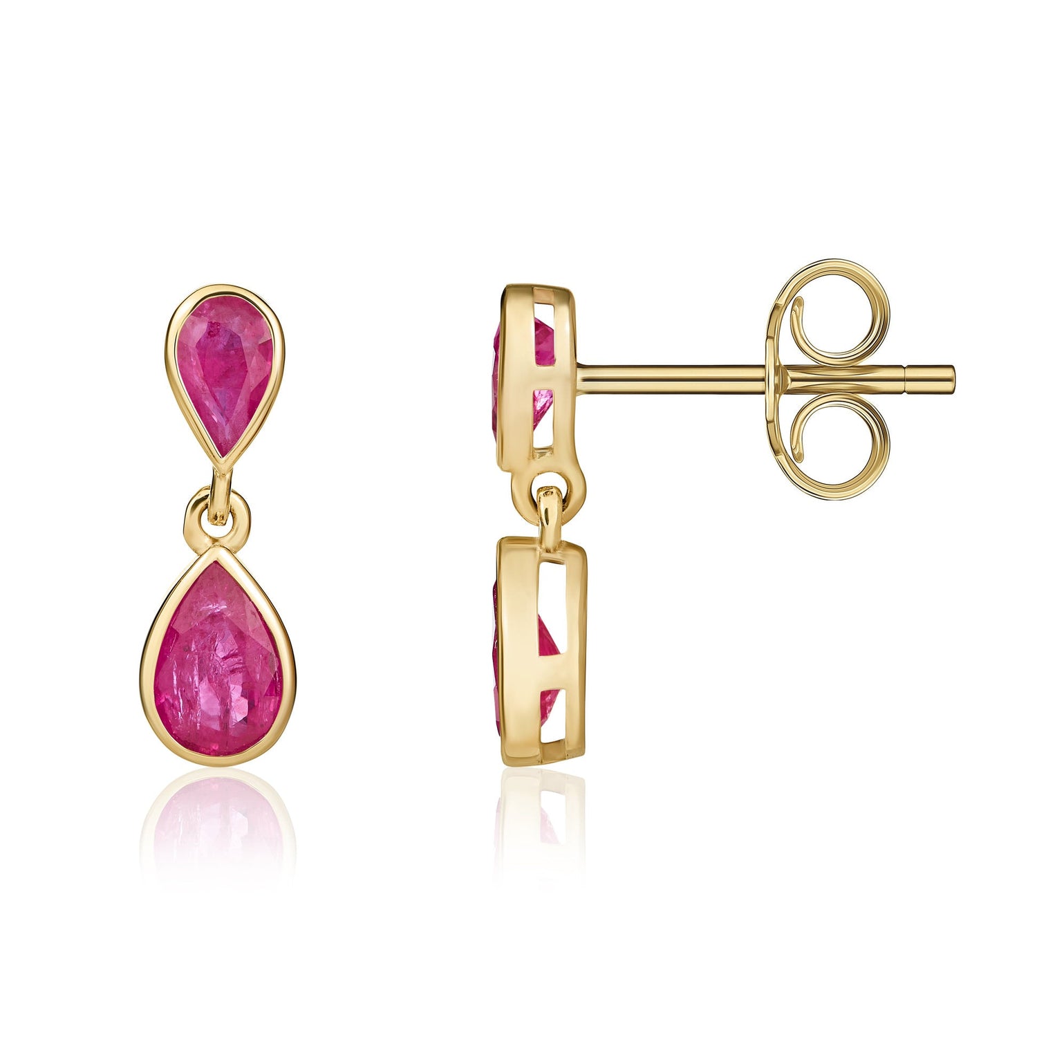 9ct Yellow Gold Pear Shaped Natural Ruby Two Stone Rubover Drop Earrings
