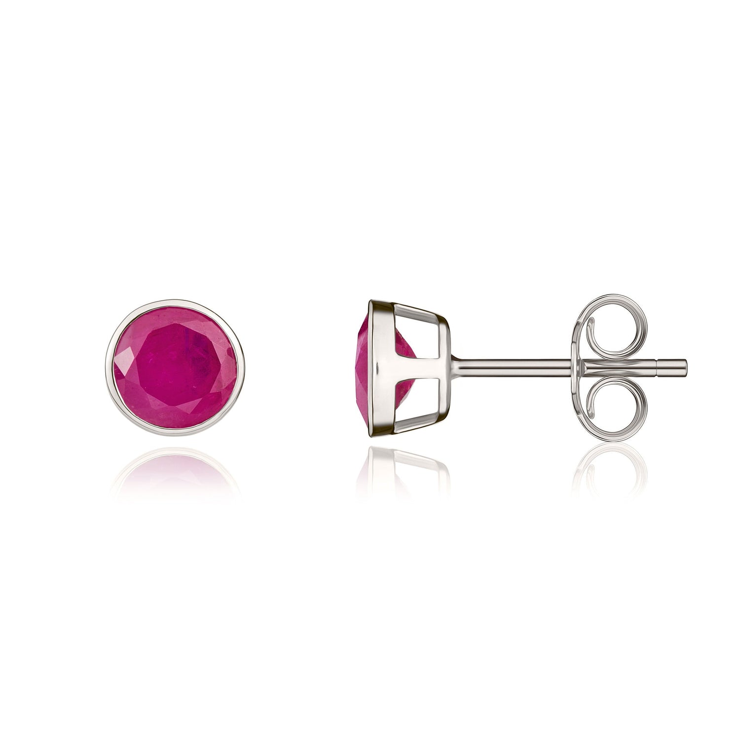 9ct White Gold Round Natural Ruby Rubover Stud Earrings — 5mm