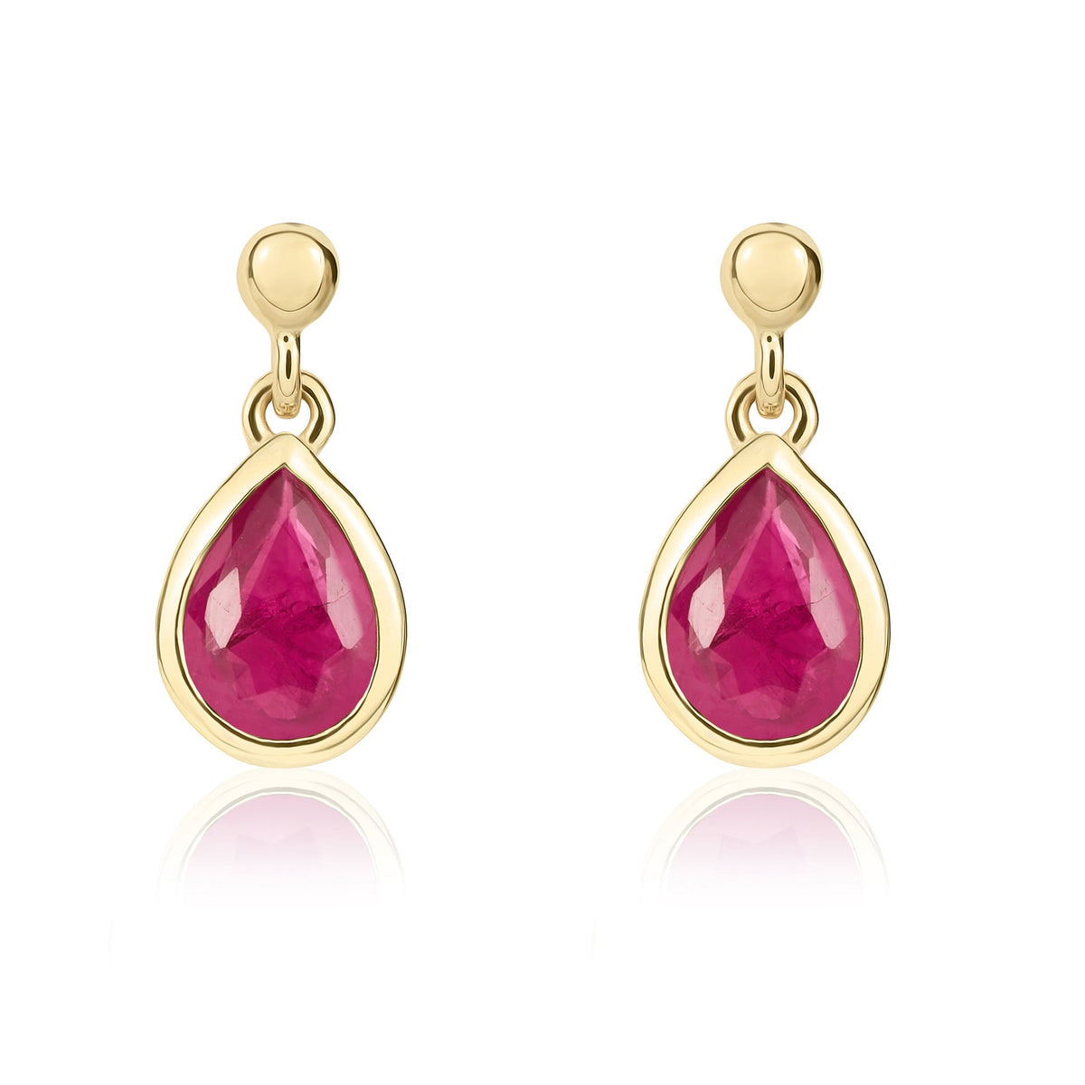 9ct Yellow Gold Pear Shaped Natural Ruby Rubover Drop Earrings with 2.5mm Bead Top — 6x4mm