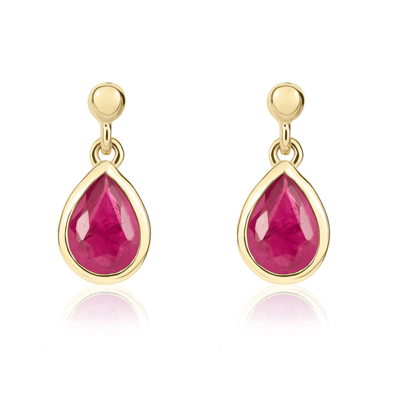 9ct Yellow Gold Pear Shaped Natural Ruby Rubover Drop Earrings with 2.5mm Bead Top — 6x4mm