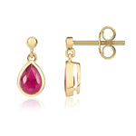 9ct Yellow Gold Pear Shaped Natural Ruby Rubover Drop Earrings with 2.5mm Bead Top — 6x4mm