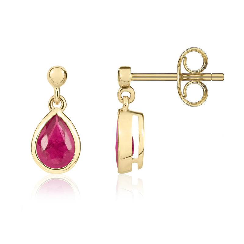 9ct Yellow Gold Pear Shaped Natural Ruby Rubover Drop Earrings with 2.5mm Bead Top — 6x4mm