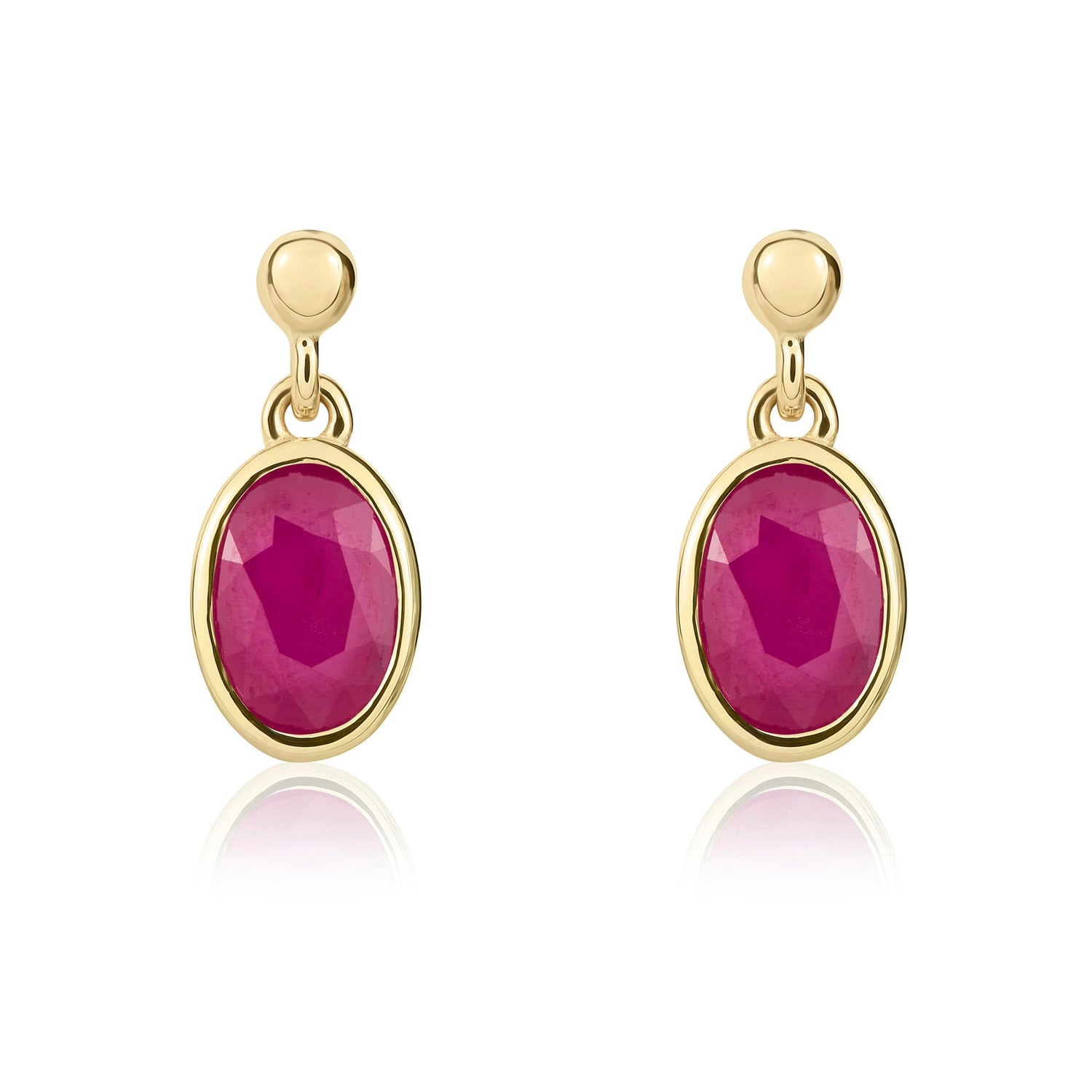 9ct Yellow Gold Oval Natural Ruby Rubover Drop Earrings with Bead Top — 6x4mm