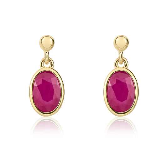 9ct Yellow Gold Oval Natural Ruby Rubover Drop Earrings with Bead Top — 6x4mm
