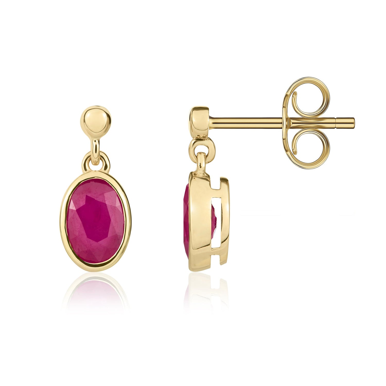9ct Yellow Gold Oval Natural Ruby Rubover Drop Earrings with Bead Top — 6x4mm