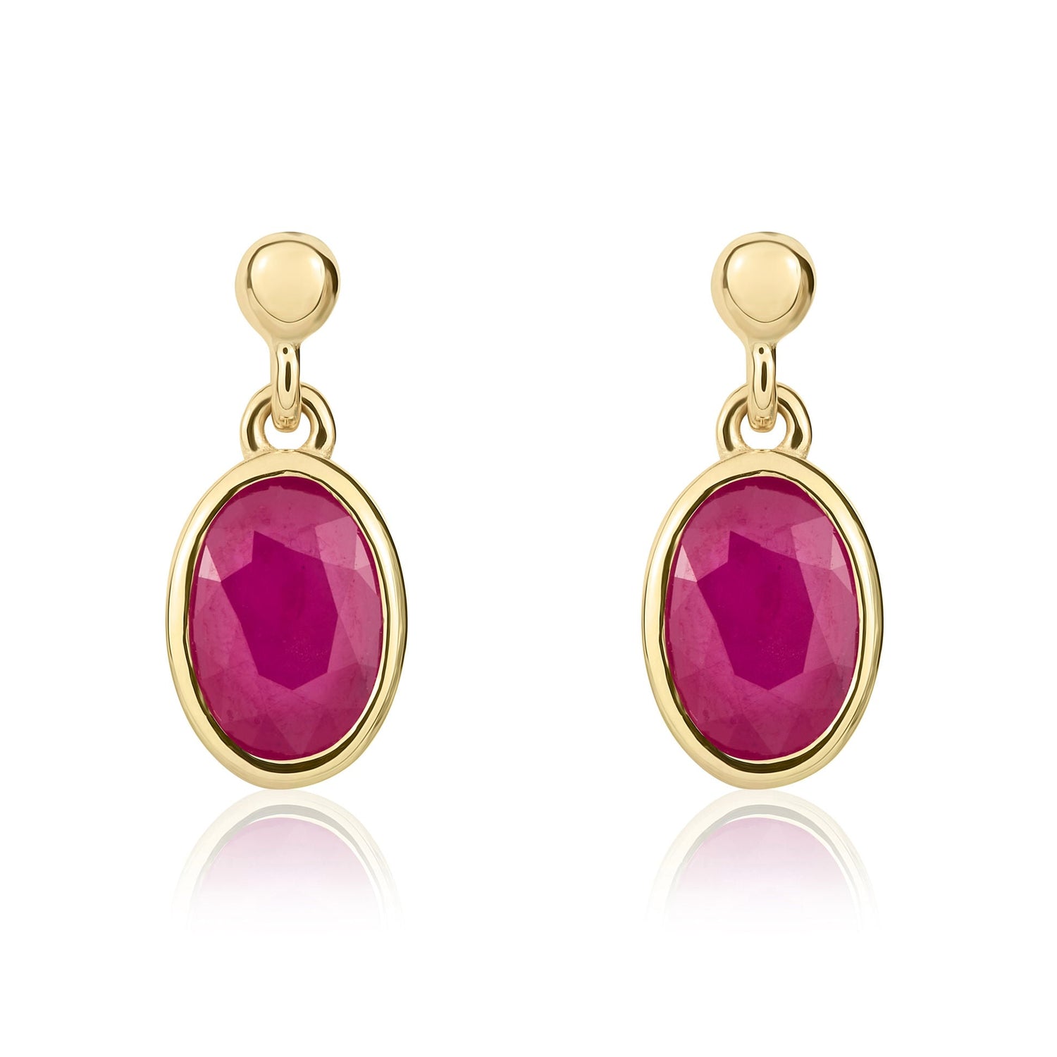9ct Yellow Gold Oval Natural Ruby Rubover Drop Earrings — 7x5mm