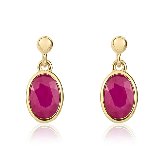 9ct Yellow Gold Oval Natural Ruby Rubover Drop Earrings — 7x5mm