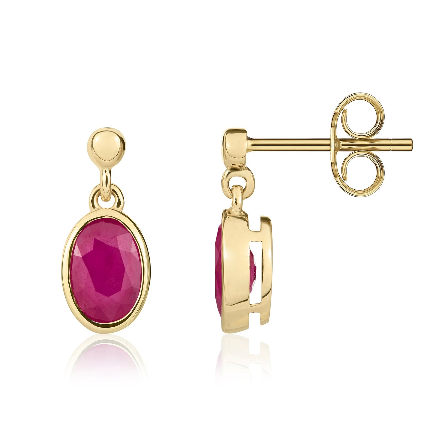 9ct Yellow Gold Oval Natural Ruby Rubover Drop Earrings — 7x5mm