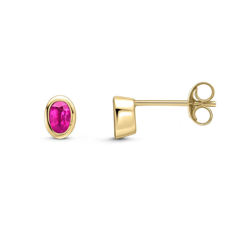 9ct Yellow Gold Oval Natural Ruby Rubover Stud Earrings — 4x3mm