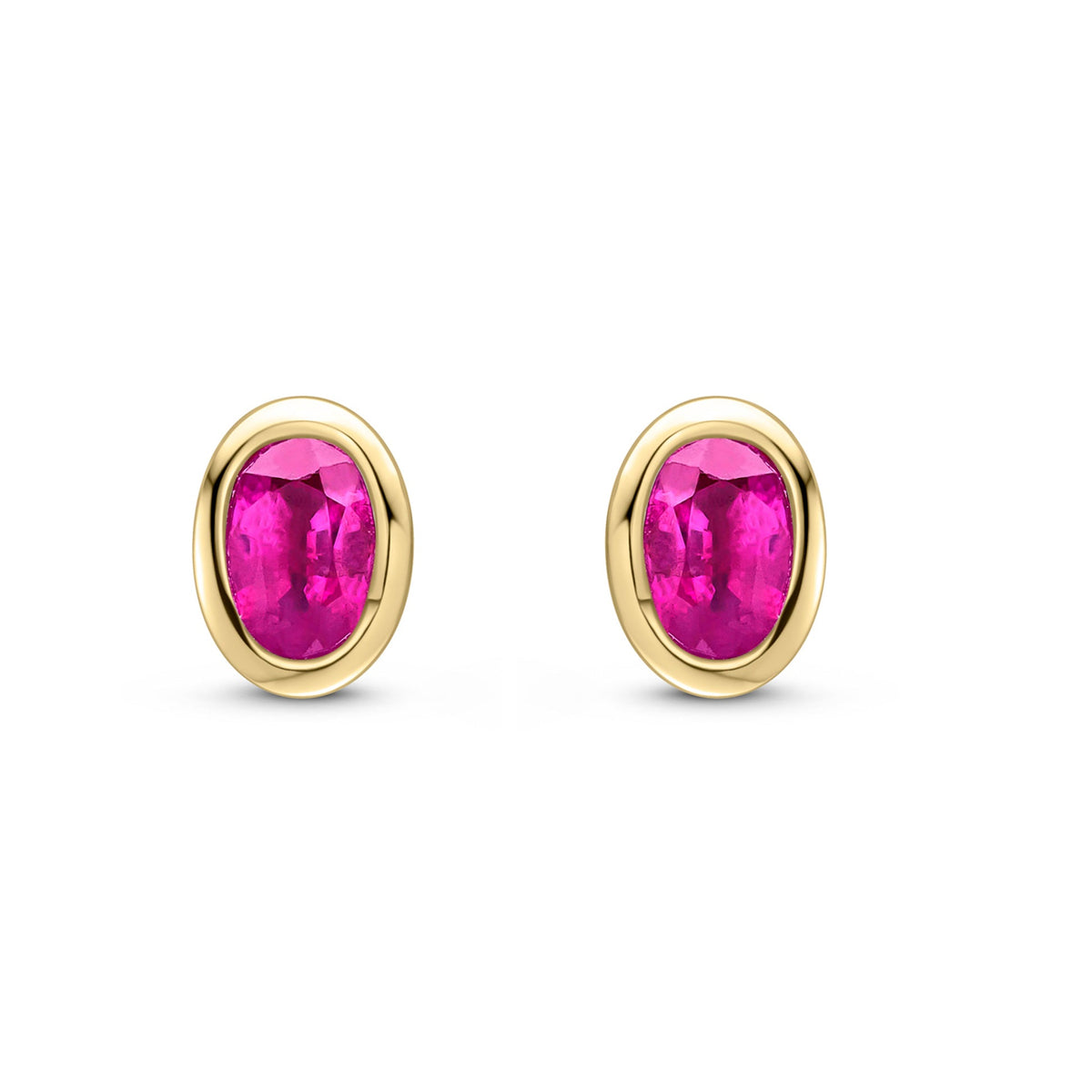 9ct Yellow Gold Oval Natural Ruby Rubover Stud Earrings — 4x3mm