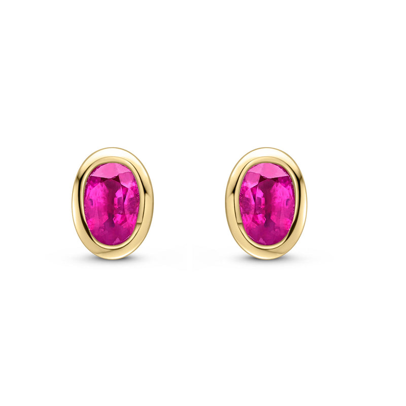 9ct Yellow Gold Oval Natural Ruby Rubover Stud Earrings — 4x3mm