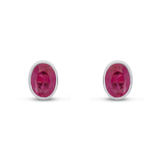 9ct White Gold Oval Ruby Rubover Stud Earrings — 7x5mm