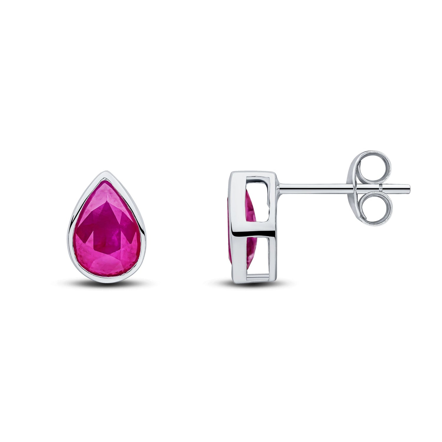 9ct White Gold Pear Shaped Natural Ruby Rubover Stud Earrings — 7x5mm