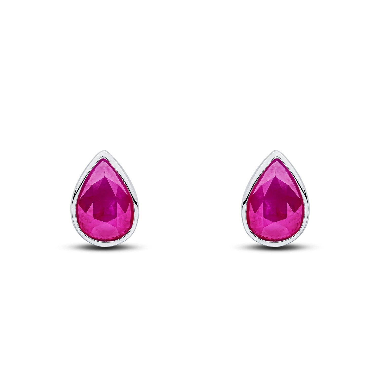 9ct White Gold Pear Shaped Natural Ruby Rubover Stud Earrings — 7x5mm
