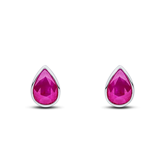 9ct White Gold Pear Shaped Natural Ruby Rubover Stud Earrings — 7x5mm