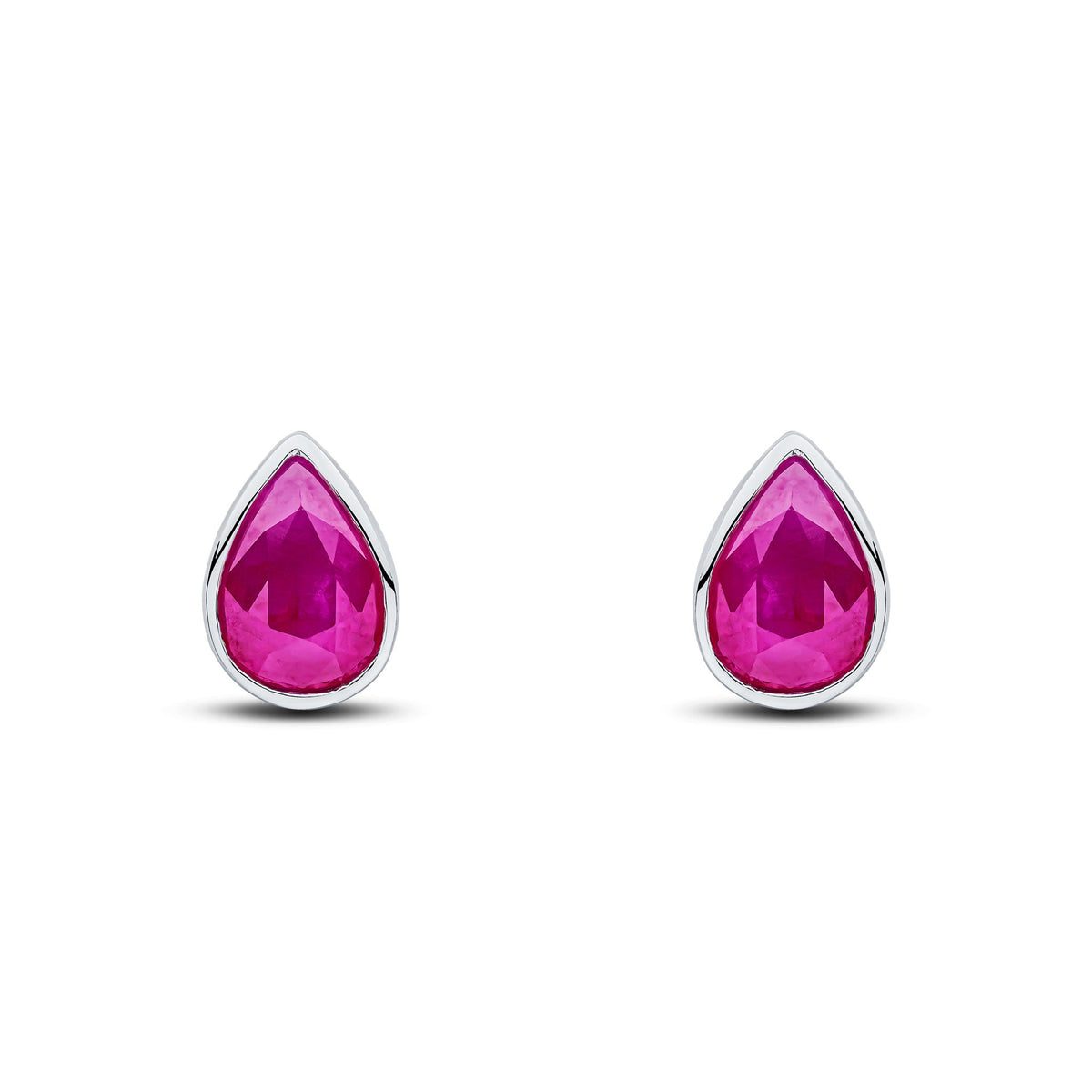 9ct White Gold Pear Shaped Natural Ruby Rubover Stud Earrings — 7x5mm