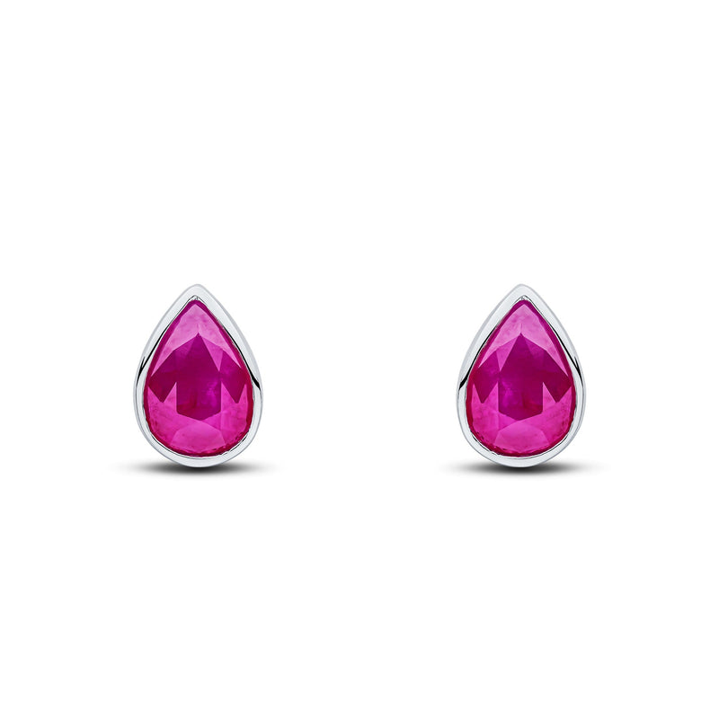 9ct White Gold Pear Shaped Natural Ruby Rubover Stud Earrings — 7x5mm