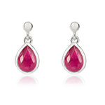 9ct White Gold Pear Shaped Natural Ruby Rubover Drop Earrings with 2.5mm Bead Top — 6x4mm