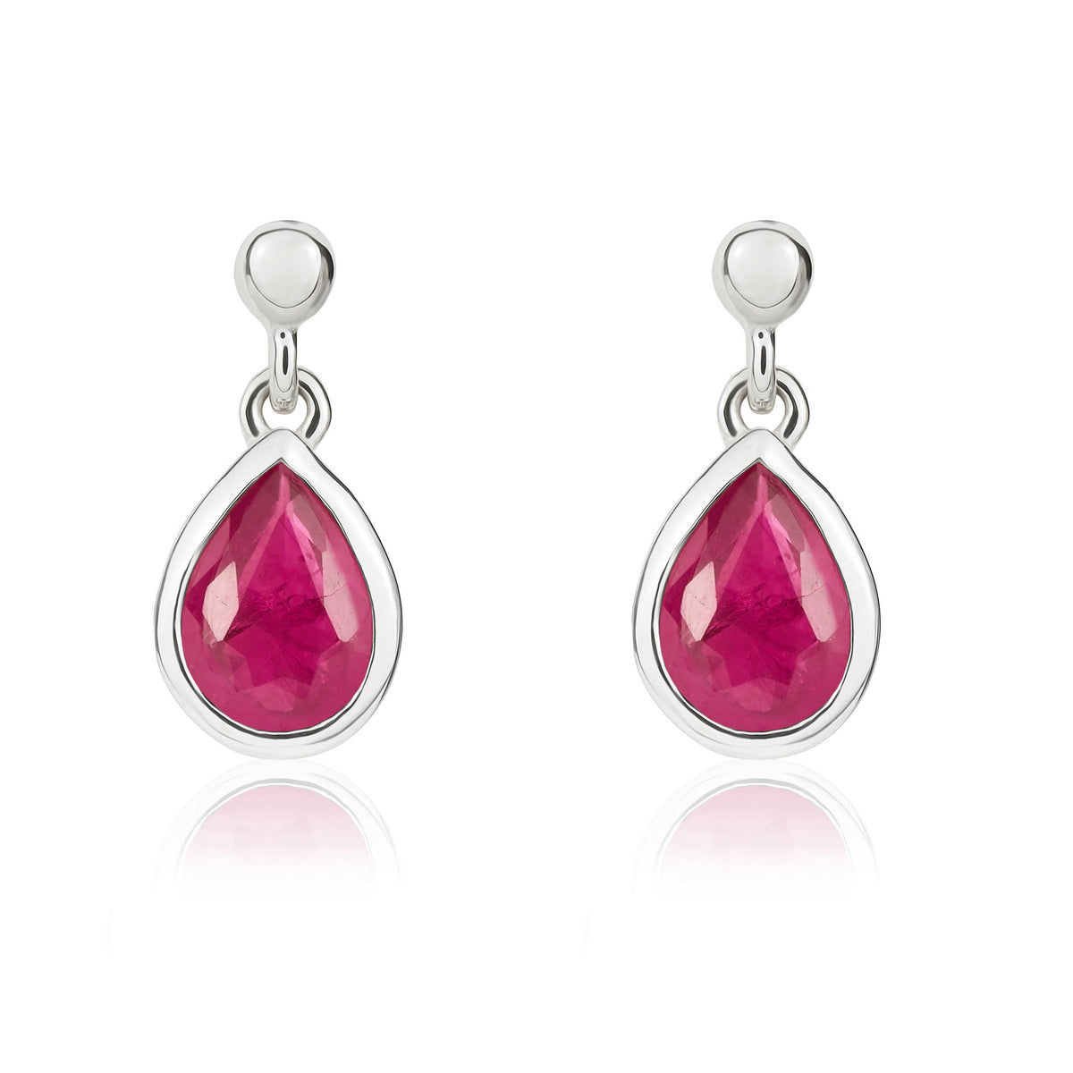 9ct White Gold Pear Shaped Natural Ruby Rubover Drop Earrings with 2.5mm Bead Top — 6x4mm