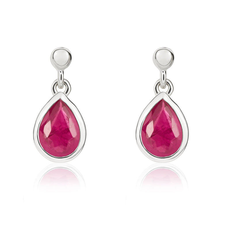 9ct White Gold Pear Shaped Natural Ruby Rubover Drop Earrings with 2.5mm Bead Top — 6x4mm