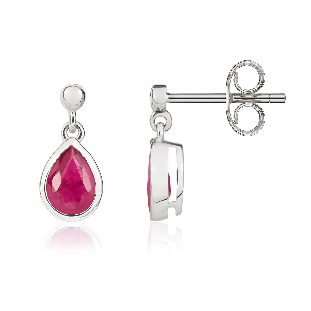 9ct White Gold Pear Shaped Natural Ruby Rubover Drop Earrings with 2.5mm Bead Top — 6x4mm