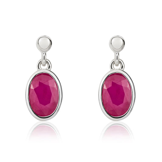 9ct White Gold Oval Natural Ruby Drop Earrings — 7x5mm
