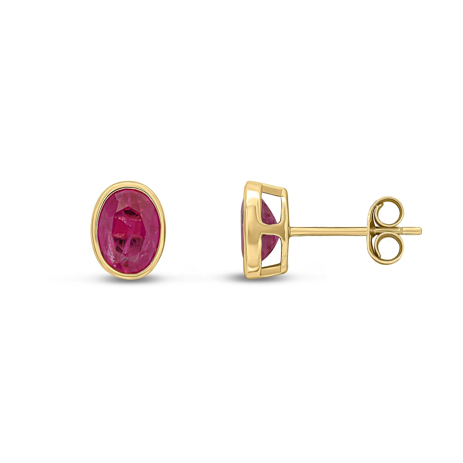 9ct Yellow Gold Oval Natural Ruby Rubover Stud Earrings — 7x5mm