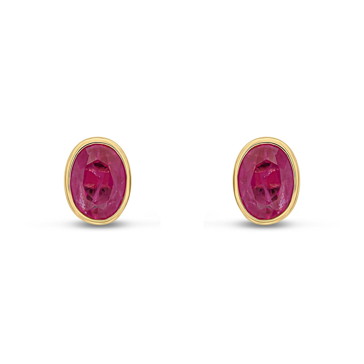 9ct Yellow Gold Oval Natural Ruby Rubover Stud Earrings — 7x5mm