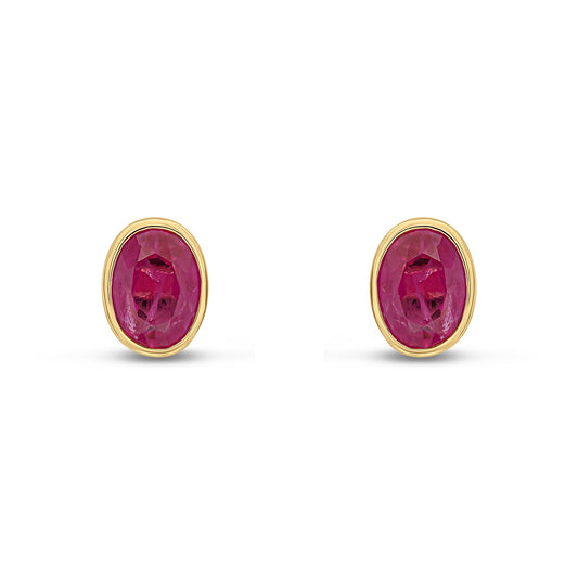 9ct Yellow Gold Oval Ruby Rubover Stud Earrings — 7x5mm