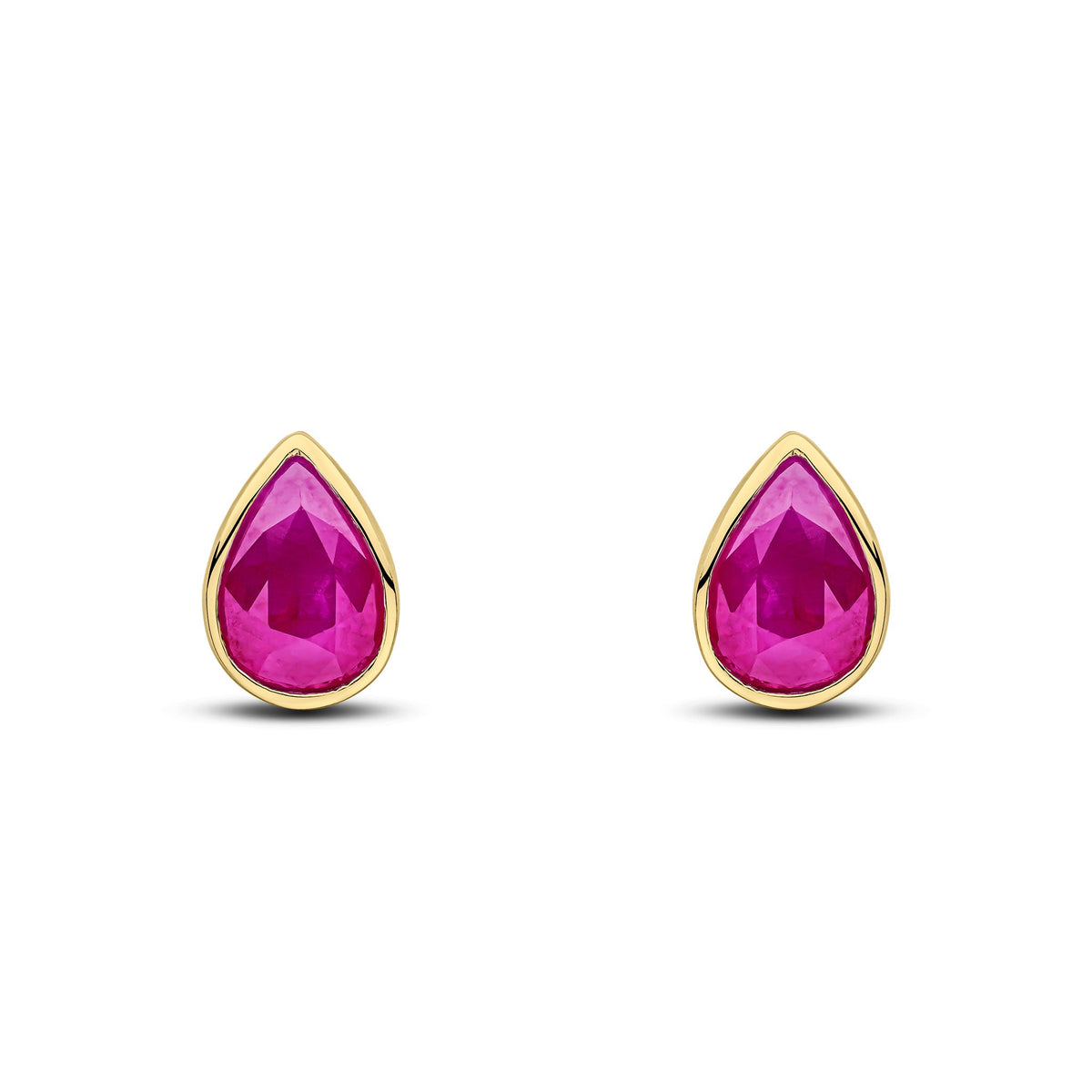 9ct Yellow Gold Pear Shaped Natural Ruby Rubover Stud Earrings — 7x5mm
