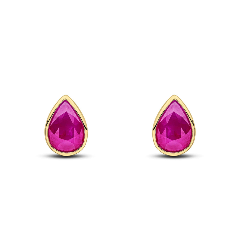 9ct Yellow Gold Pear Shaped Natural Ruby Rubover Stud Earrings — 7x5mm