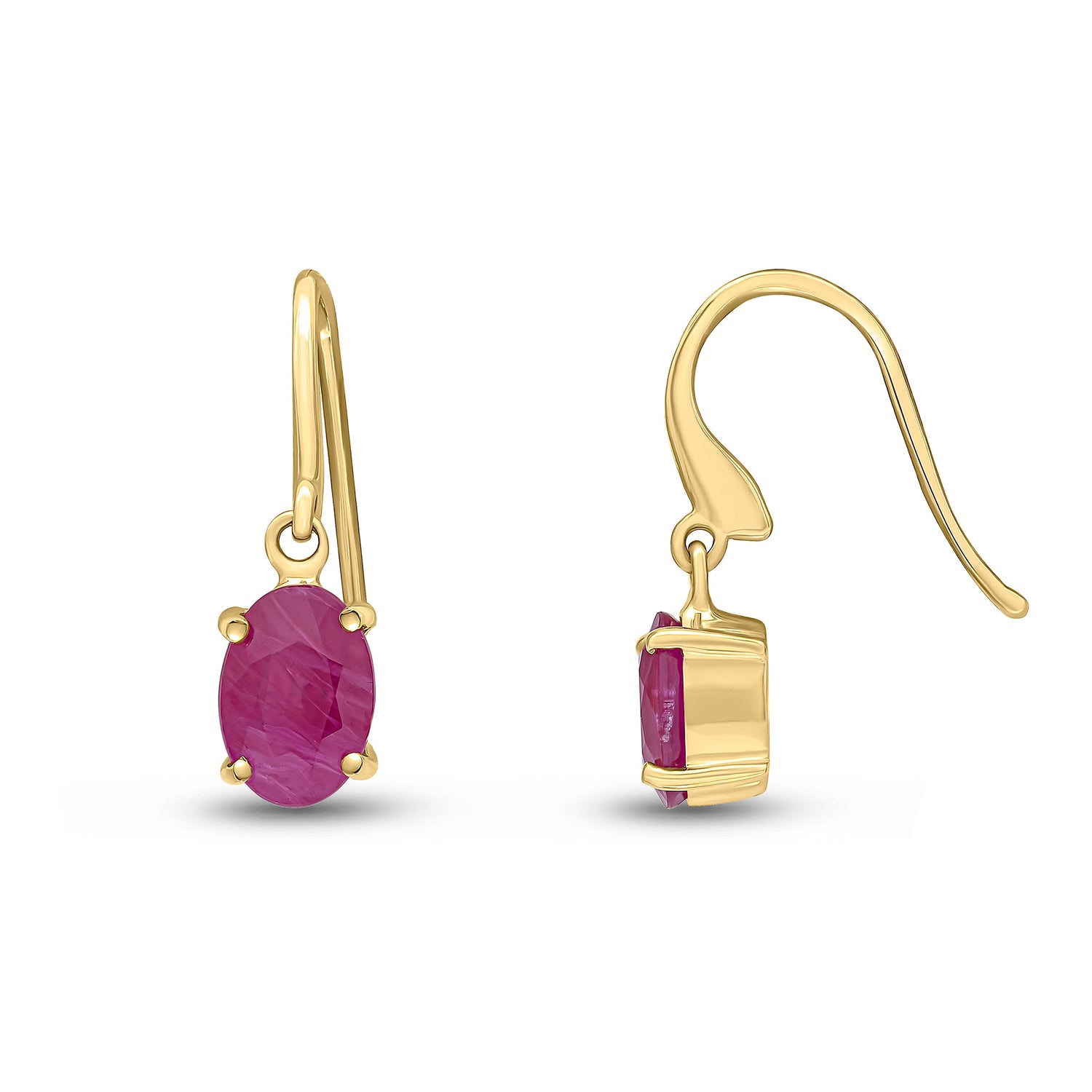 9ct Yellow Gold Oval Natural Ruby Claw Hook Wire Drop Earrings — 7x5mm